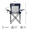 La "Silla Plegable Kano para Camping Licanray" es una silla plegable de color azul con respaldo de malla, marco negro y portavasos. Mide 50x45x80 cm, soporta hasta 120 kg y pesa 1,7 kg, ideal para viajes de camping en solitario.