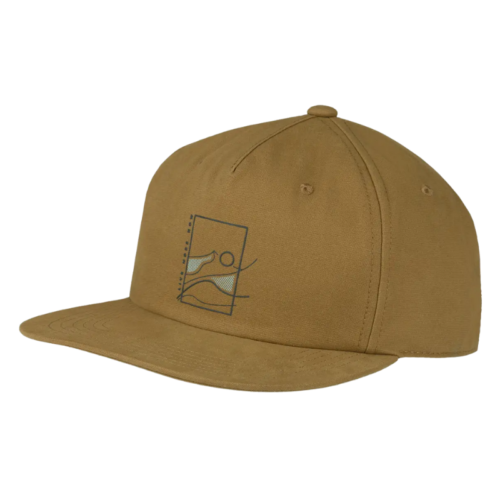 La gorra Jockey Buff Niños Baseball Arrows Denim tiene una visera plana y una base marrón con formas abstractas verdes y blancas, detalles de mezclilla y un diseño minimalista, que ofrece una apariencia elegante de vista lateral para los niños que aman el béisbol.
