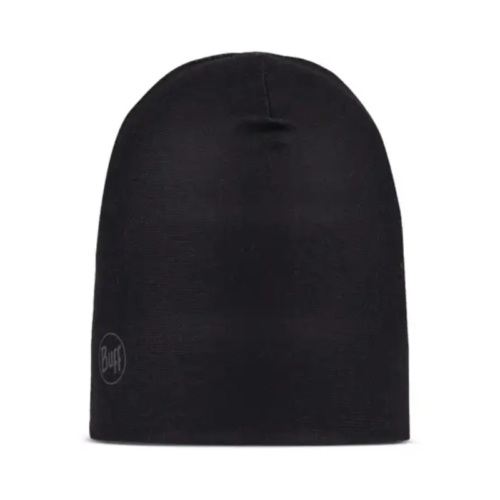 Un gorro negro liso con un logotipo sutil cerca del borde, similar al Gorro Buff Niños Knitted y Polar Midy (copia), ofrece simplicidad y textura suave, ideal para uso informal.