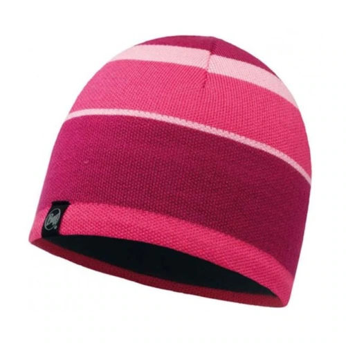El Gorro Buff Travel Bucket Hat Collage (copia) es un gorro de punto que presenta rayas horizontales en tonos de rosa, de claro a oscuro, con una pequeña etiqueta de logotipo negra en el borde.