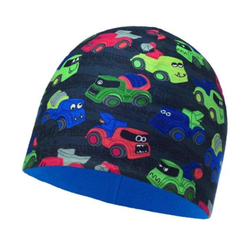 El gorro de punto Buff Tech Knitted Van Pink Cerisse (copia) presenta coches de dibujos animados en verde, rojo y azul vibrantes sobre un fondo oscuro. El dobladillo azul brillante y los detalles en rosa furgoneta añaden un toque divertido a su alegre diseño.