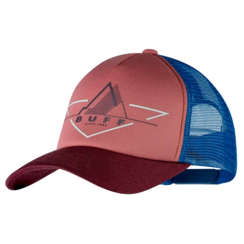 La gorra Jockey Buff Trucker Reth muestra un gráfico de montaña triangular con "BUFF" en el frente, con un panel frontal y una visera de color granate, junto con lados y parte posterior de malla azul.