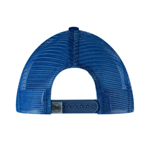 La Jockey Buff Trucker Reth (copia) es una gorra de béisbol de malla azul con un estilo Trucker perfecto, que se muestra desde atrás y cuenta con una correa ajustable a presión para adaptarse al tamaño.
