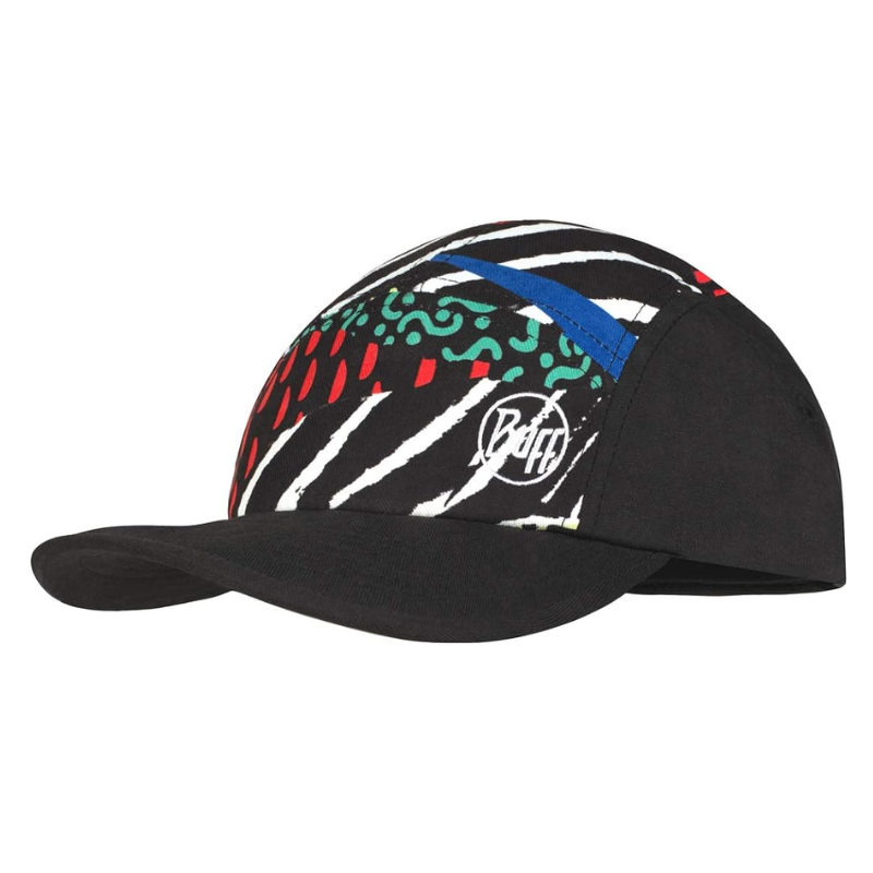 La gorra de ciclismo "Jockey Buff Niños 5 Panel Go Black Noru (copia)" presenta una parte superior con un estampado vibrante con formas abstractas en rojo, azul, verde y blanco sobre los costados negros. Incluye una raya blanca y negra llamativa, acentuada por un logotipo "Buff" circular estilo Jockey en el panel frontal.