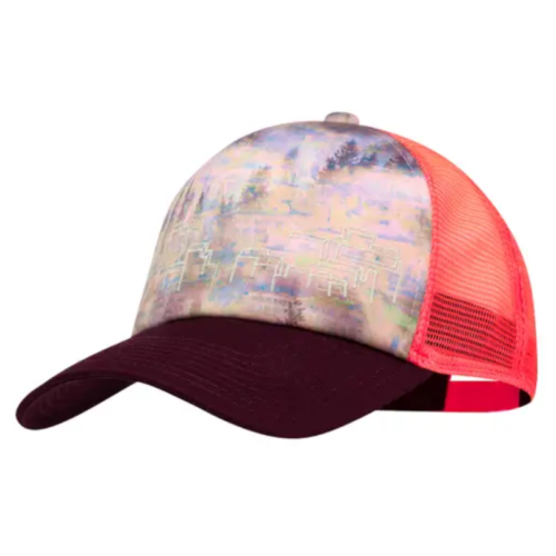 La gorra Jockey Buff Trucker Green Campast presenta un diseño multicolor con visera violeta y parte posterior de malla roja. La parte delantera muestra un patrón abstracto en tonos pastel que se asemeja a un paisaje de ensueño, combinando estilo artístico y comodidad informal en esta elegante gorra.