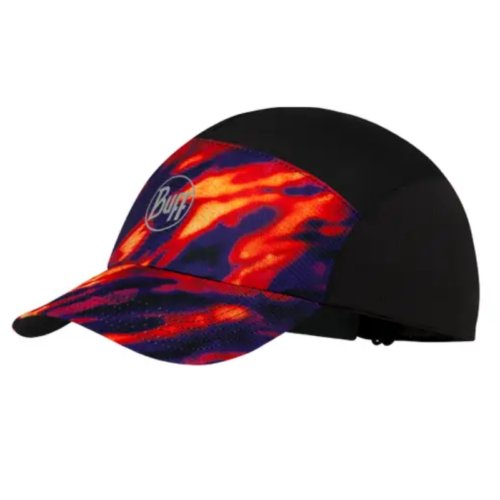 La Jockey Buff Pack Speed HTR (copia) es una gorra liviana que presenta una parte posterior negra y un patrón vívido de rojo, naranja y morado en el panel frontal y la visera, con el logotipo de la marca destacado en el frente.