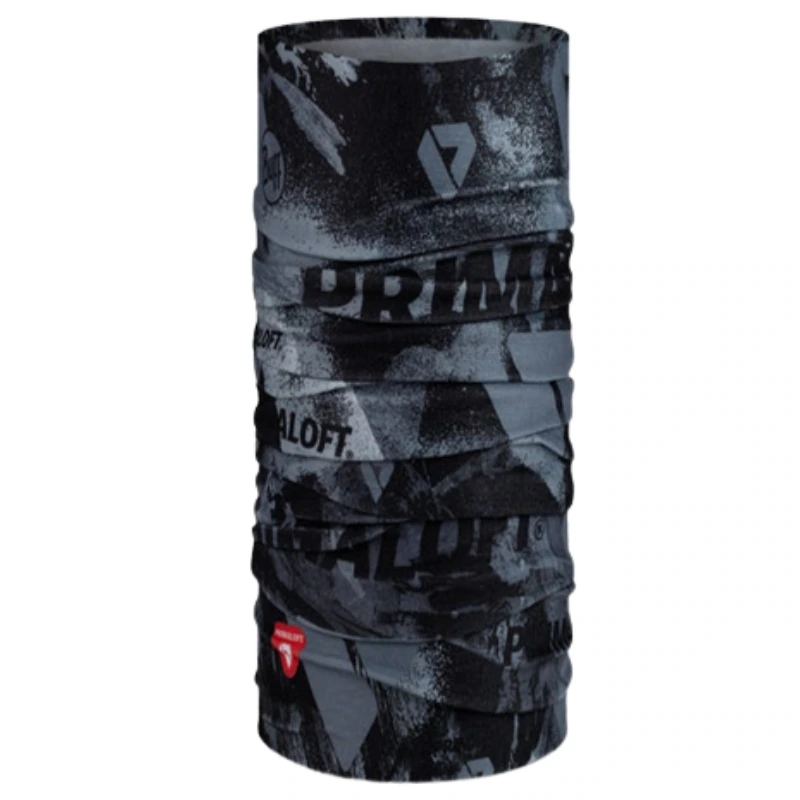 La Bandana Buff ThermoNet Skatick Graphite es una braga de cuello cilíndrica con un estampado abstracto en negro y gris con la palabra "PRIMALOFT" en negrita. Fabricada con tejido ThermoNet texturizado, luce logotipos y una estética robusta.