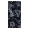 El Bandana Buff ThermoNet Skatick Graphite es una pieza rectangular de tela que presenta un patrón abstracto en negro y gris con logotipos "Primaloft" y triangulares, hecho de material ThermoNet suave, lo que indica que es un gorro o braga para el cuello multifuncional.