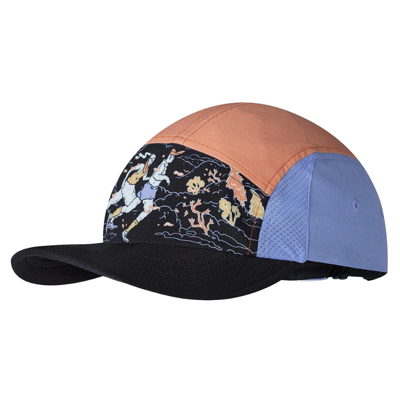 La gorra Jockey Buff Speed Ethnos Flame presenta un panel posterior en color durazno y lavanda, una visera negra y paneles laterales decorados con un estampado inspirado en Ethnos de ciclistas en medio de patrones dinámicos, que encarnan la velocidad y la aventura.