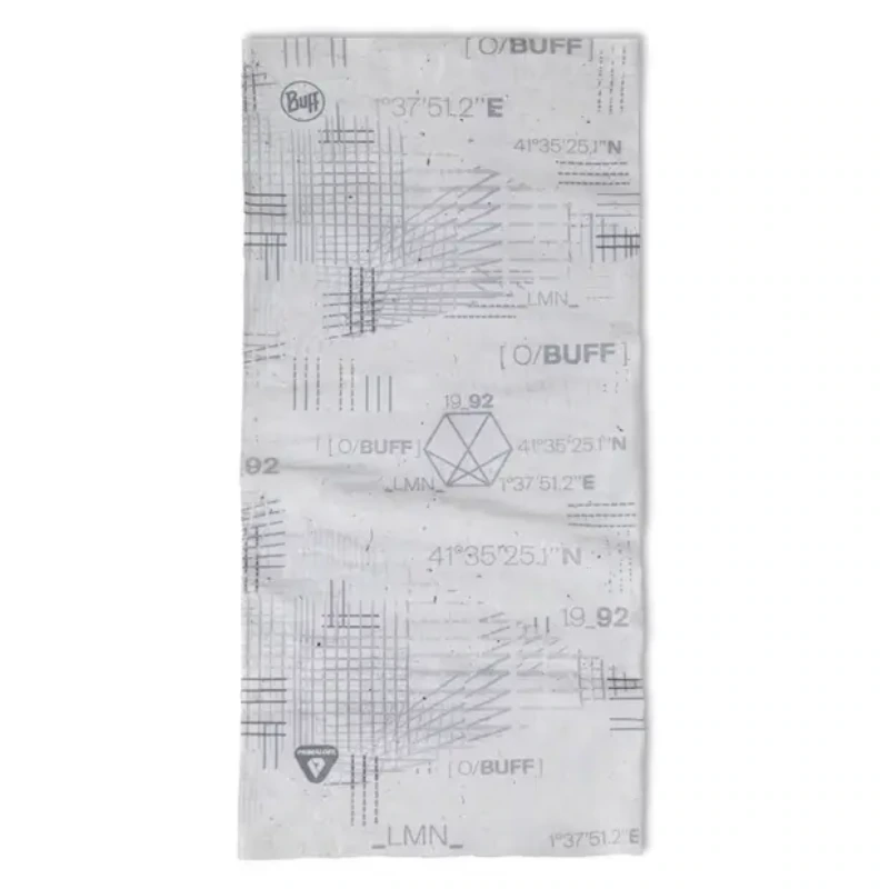 Bandana Buff Merino Lightweight Multistripes (copia) es un buff gris multifuncional que presenta patrones geométricos abstractos minimalistas y números.
