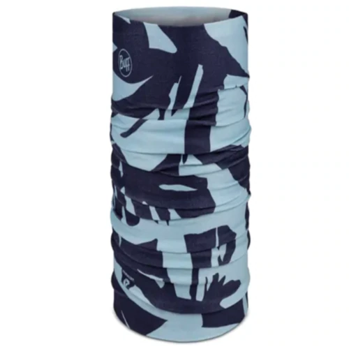 La Bandana Buff Merino Lightweight Multistripes (copia) se presenta en posición vertical con su estampado floral abstracto en azul y negro. Esta braga de cuello suave y elástica es versátil y se adapta a diversos usos, perfecta para complementar tu colección como alternativa ligera a una bandana o un buff.