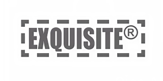 La imagen muestra la palabra "EXQUISITE" en mayúsculas y negrita, con el símbolo de marca registrada ® al final. El texto está dentro de un borde rectangular discontinuo. El fondo es blanco.