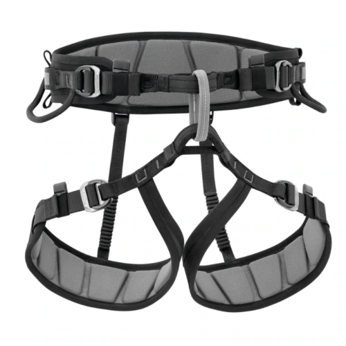 Un arnés de escalada negro y gris con cintura y presillas acolchadas para las piernas, con múltiples hebillas ajustables y presillas para equipo para mayor seguridad y comodidad.