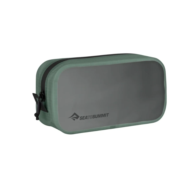 El neceser rectangular Sea to Summit Viaje en color verde y gris, con cremallera, muestra con orgullo el logotipo de la marca.