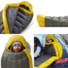 Collage de una persona con un saco de dormir Sea to Summit Spark Pro, que muestra su grosor y vibrantes colores. Una imagen muestra a la persona al aire libre en una tienda de campaña, mientras que otras destacan los meticulosos detalles de este Saco de Dormir Pluma Sea to Summit Spark Pro (copia) de primera calidad desde varios ángulos.