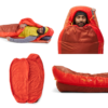 Una persona con una camiseta amarilla y gris se acurruca en el vibrante saco de dormir sintético Sea to Summit Hamelin, rojo y naranja, en varias posiciones. El saco de dormir presenta primeros planos de su diseño y detalles que muestran el logotipo.