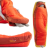 Envuelto en el vibrante saco de dormir sintético naranja y amarillo Sea to Summit Hamelin para mujer, adornado con logotipos y detalles de temperatura, una persona muestra su versatilidad al relajarse y sentarse sin esfuerzo, demostrando su excepcional calidez y comodidad.