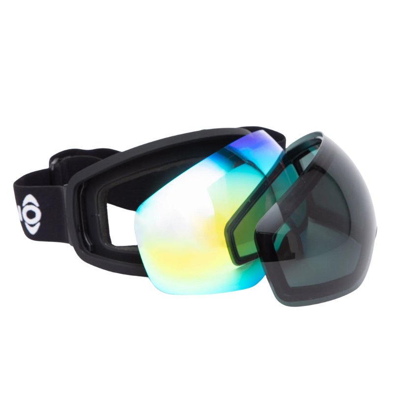 Se muestran una al lado de la otra un par de gafas de esquí Antiparras de Nieve Magnéticas Snowpanda Kano (copia) negras con correa ajustable y dos lentes intercambiables (una de espejo azul-amarillo y otra de color oscuro).