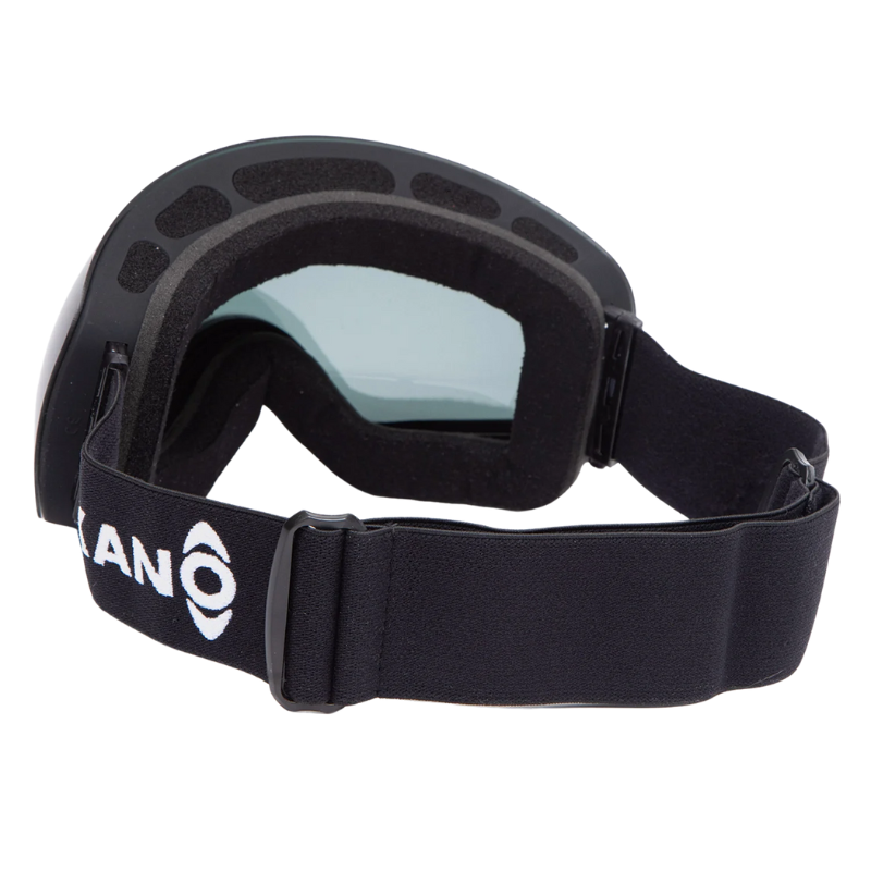 Gafas de esquí o snowboard Antiparras de Nieve Prorider Kano negras con lentes tintadas, acolchado de espuma y correa elástica ajustable con logotipo "ANO" blanco, que se muestra desde la parte posterior y lateral.