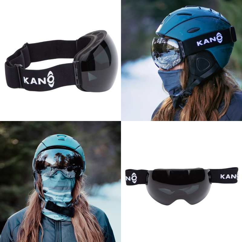 Un collage de cuatro imágenes presenta unas gafas de esquí negras Antiparras de Nieve Magnéticas Snowpanda Kano (copia) solas y una persona con pelo largo, un casco verde azulado y una polaina de cuello azul en un entorno nevado al aire libre.