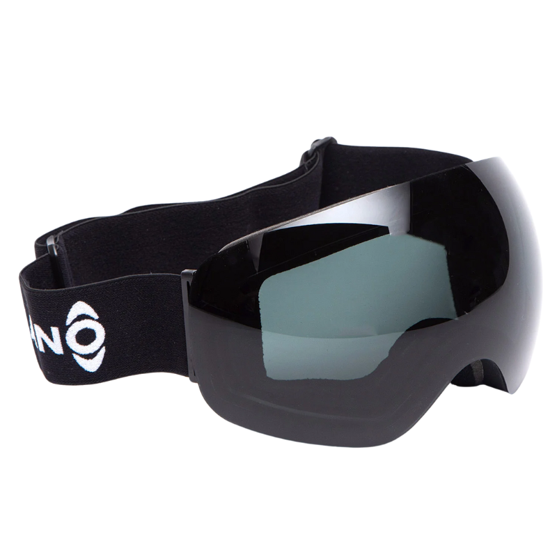 Un par de gafas de esquí Antiparras de Nieve Magnéticas Snowpanda Kano (copia) en color negro con una lente ancha de color oscuro y una correa elástica ajustable con un logotipo blanco en el lateral.