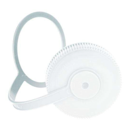 Un tapón de botella Nalgene Loop-Top Closure de 63 mm de color blanco, hecho de plástico y con un asa integrada, que se muestra sobre un fondo blanco.