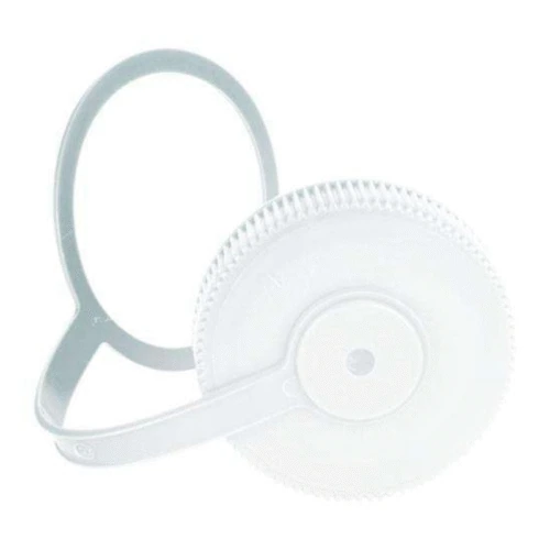 Un tapón de botella Nalgene Loop-Top Closure de 63 mm de color blanco, hecho de plástico y con un asa integrada, que se muestra sobre un fondo blanco.