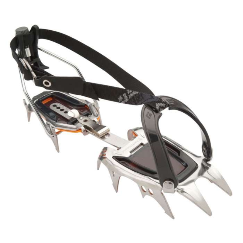 Los crampones de montañismo Black Diamond Contact Strap (copia) cuentan con clavos de metal, fijaciones ajustables y una correa negra para una sujeción segura a las botas durante la escalada en hielo o el montañismo.