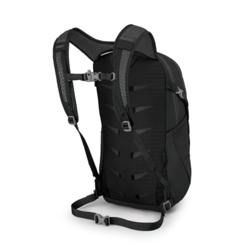 La Mochila Osprey Tempest 20 Mujer (copia) en color negro se muestra desde atrás con correas de hombro acolchadas ajustables, una correa para el pecho, una correa para la cintura y un panel posterior de malla ventilada para el flujo de aire.
