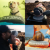 Un collage de cuatro imágenes muestra a personas, un panadero y un perro disfrutando de las almohadas Inflable Atakama Outdoor Baker en la playa y en un terreno rocoso, con la marca de la almohada destacada en cada escena.