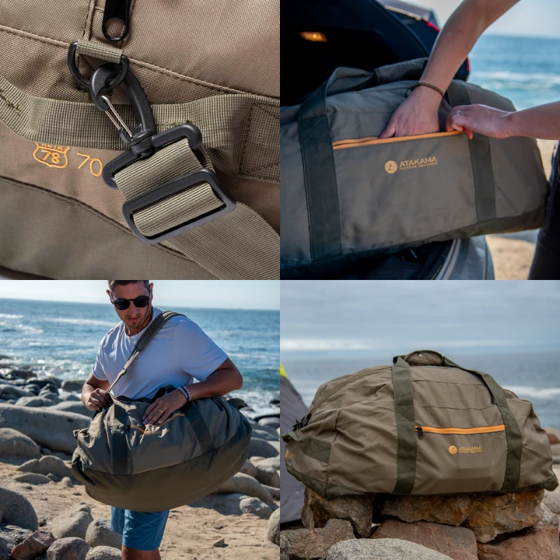 Collage del Bolso Plegable Atakama Outdoor Ruta 78 de 70 litros. Arriba a la izquierda: primer plano de su cierre. Arriba a la derecha: alguien lo coloca en un coche. Abajo a la izquierda: persona cargándolo en una playa rocosa. Abajo a la derecha: bolso sobre rocas junto al mar, color oliva con detalles en naranja.