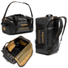 Bolso de lona Atakama negro y marrón mostrado desde tres ángulos: superior con compartimentos abiertos que muestran el interior, vertical con cremalleras doradas y lateral con correa para el hombro adjunta.