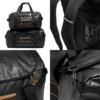 Collage de una bolsa de lona negra con la marca "ATAKAMA". Incluye vistas frontales, laterales, correas ajustables, hebillas y un icono de 55 litros de capacidad. La bolsa presenta detalles dorados y múltiples compartimentos.