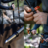 Las tomas de cerca muestran los Bastones de Trekking Queulat de Atakama Outdoor: la parte superior izquierda muestra el agarre; la parte superior derecha muestra las manos ajustando el mecanismo de bloqueo; la parte inferior izquierda se acerca a la punta; la parte inferior derecha captura los ajustes al aire libre.