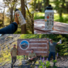 Collage: una mano sostiene una botella térmica Atakama Outdoor Parques Nacionales 1L con insignias de colores, la botella sobre una mesa de madera en un bosque y dos personas celebrando bajo un cielo soleado junto a un cartel de "Parque Nacional Cerro Castillo" en Chile.