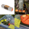 Cuatro imágenes muestran la Colchoneta Aislante Atakama Outdoor La Campana: cuidadosamente empaquetada, sujeta a una mochila para aventuras al aire libre, en una tienda de campaña junto a dos sacos de dormir y completamente instalada en un entorno natural.