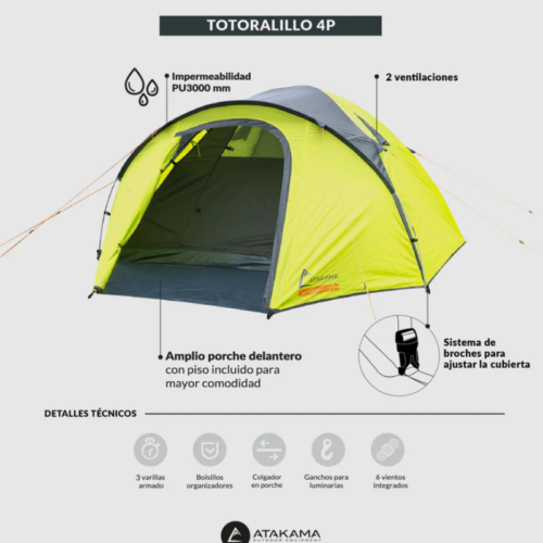 Presentamos la Carpa Atakama Outdoor Totoralillo 4 Personas, una tienda de campaña amarilla y gris para cuatro personas. Ideal para tu próxima aventura, cuenta con dos ventilaciones, protección contra la lluvia, porche delantero, sistema de cubierta de fácil instalación, mosquitera, bolsillos, colgador para linterna y ganchos para accesorios.