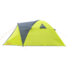 La Carpa Atakama Outdoor Totoralillo 4 Personas es una tienda de campaña tipo domo en verde brillante y gris, con tensores naranjas y un pequeño logotipo cerca del techo, diseñada para exteriores. Su diseño elegante y moderno destaca sobre un fondo blanco liso.