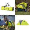 Collage de cuatro imágenes de la Carpa Atakama Outdoor Totoralillo 4 Personas. Arriba a la izquierda: bolsa para tienda. Arriba a la derecha: instalación en Totoralillo. Abajo a la izquierda: dos personas manipulando un colchón inflable. Abajo a la derecha: completamente instalada en un campo, destacando su diseño en amarillo neón y gris.