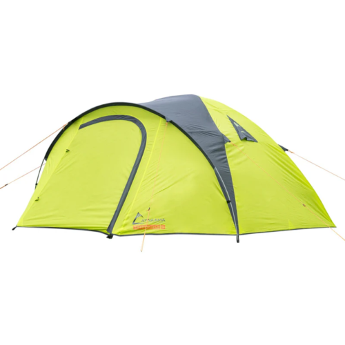 Descubre la Carpa Atakama Outdoor Totoralillo 4 Personas, una carpa domo verde vibrante con un sobretecho gris oscuro. Perfecta para aventuras en Totoralillo, incluye dos puertas y tensores naranja brillante para garantizar estabilidad y protección.