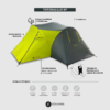 Imagen de una "Carpa Atakama Outdoor Totoralillo 4 Personas" gris y amarilla. Cuenta con un amplio porche delantero, cuatro ventanas, resistencia al agua de 3000 mm (PU), biombo interior, ganchos para luces, bolsillos para equipo y clips ajustables para la cubierta, perfecta para disfrutar de cómodas aventuras al aire libre.