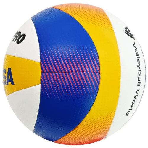 Un primer plano del Balón Playa Voleibol MIKASA BV550C, mostrando sus paneles azules, amarillos, blancos y naranjas con un patrón punteado y texto visible en la superficie.