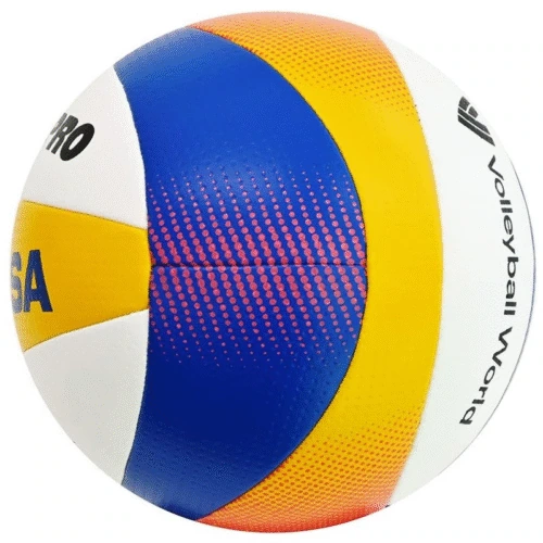 Un primer plano del Balón Playa Voleibol MIKASA BV550C, mostrando sus paneles azules, amarillos, blancos y naranjas con un patrón punteado y texto visible en la superficie.
