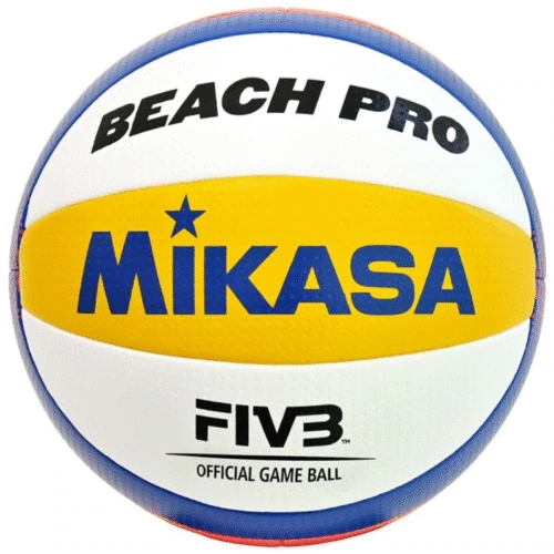 El Balón Playa Voleibol MIKASA BV550C presenta un diseño vibrante en blanco, amarillo y azul con "BEACH PRO", "MIKASA" y "FIVB OFFICIAL GAME BALL" mostrados en sus paneles.