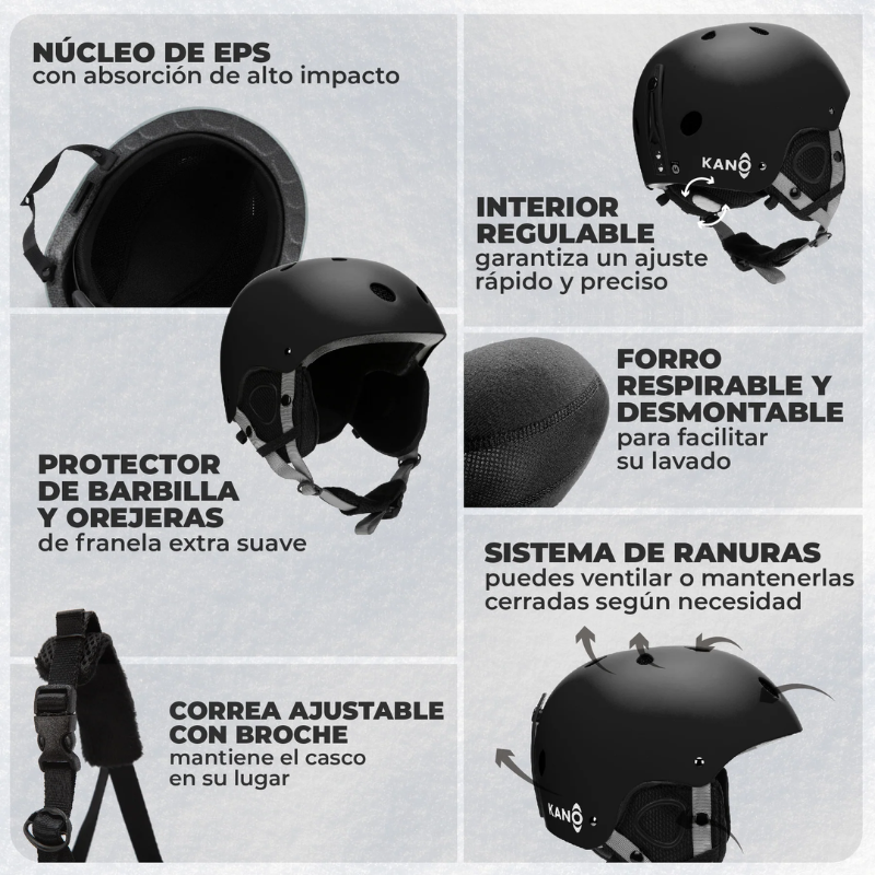 El Casco de Nieve para Niños Kiddo Kano ofrece interior acolchado, protectores de barbilla y oreja, correa ajustable, núcleo EPS, regulador interior rápido, forro transpirable removible, sistema de ventilación y hebilla segura.