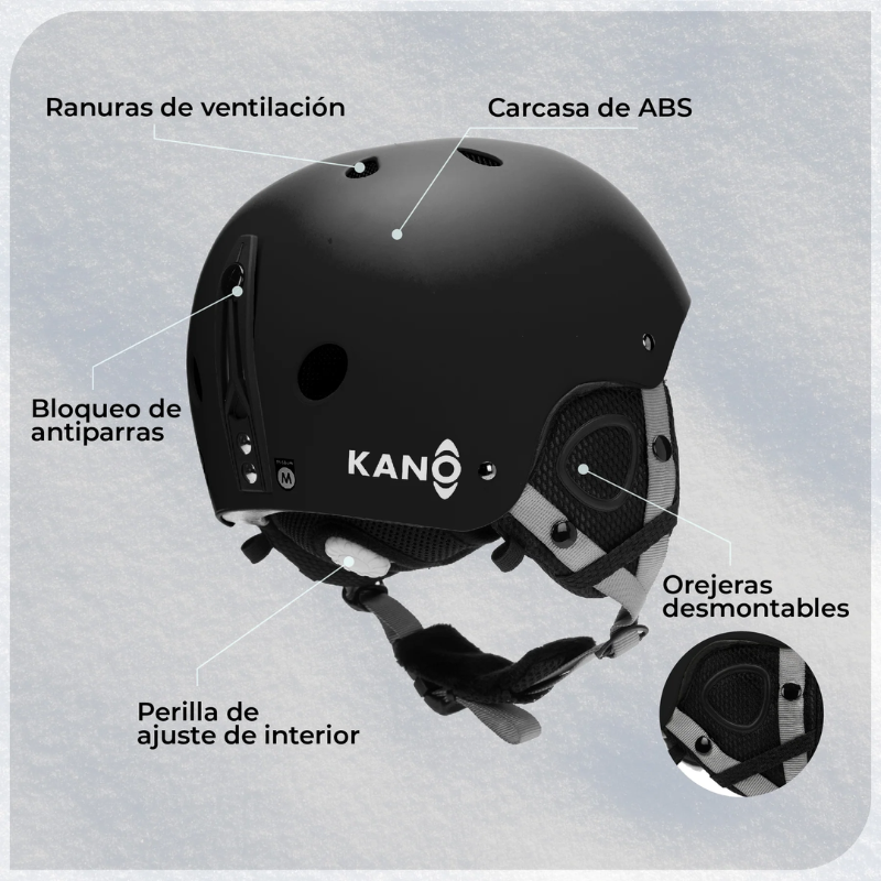 Casco de Nieve para Niños Kiddo Kano con ranuras de ventilación, carcasa ABS, sujeta-gafas, perilla de ajuste y cubiertas de oreja removibles. Fondo gris claro e inserto mostrando las cubiertas de oreja.
