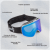 Las Antiparras de Nieve Ripper Kano cuentan con lente azul espejado, cinta ajustable, sistema antiempañante, doble espuma, canales de ventilación y marco flexible de TPU. Cada característica está rotulada en español para una fácil identificación.