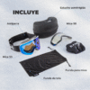Antiparras de Nieve Ripper Kano con lentes azules, estuche rígido, dos lentes intercambiables S0 y S3, bolsa de tela para lentes y bolsa con cordón, todo sobre fondo claro.