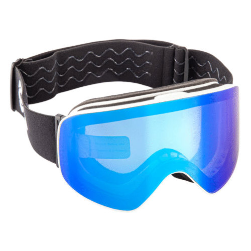 Las Antiparras de Nieve Ripper Kano tienen una lente azul reflectante y una correa negra ajustable con un agarre interior ondulado para esquiar de forma segura y cómoda.