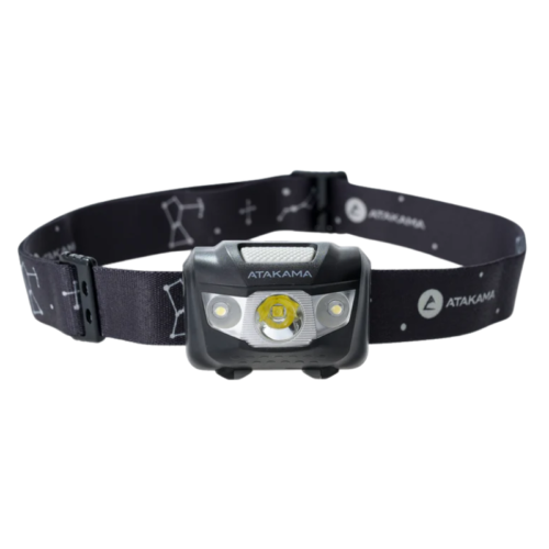 La Atakama Outdoor Alma de 195 lm es ideal para aventuras al aire libre, con una luz LED central y dos más pequeñas. Su diadema ajustable luce un patrón de constelaciones y el logotipo de Atakama.